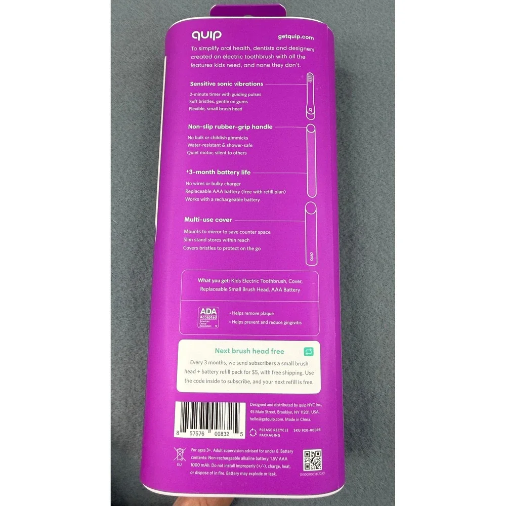 Quip Electric Toothbrush Kids Purple Rubber Sonic Vibrating Bristles New